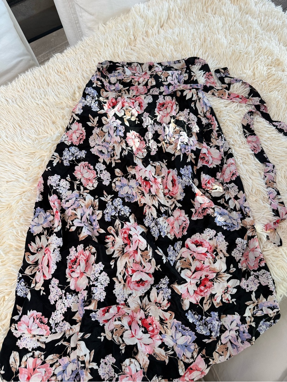 Floral Wrap Midi Skirt - Black with Pink & Lavender Flowers